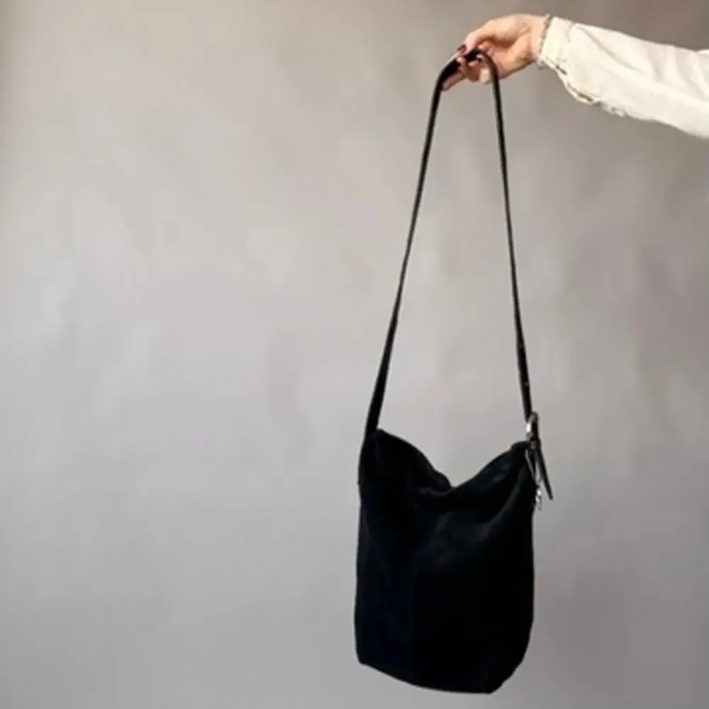 Vintage Faded Glory Genuine Suede Bucket Bag - Black